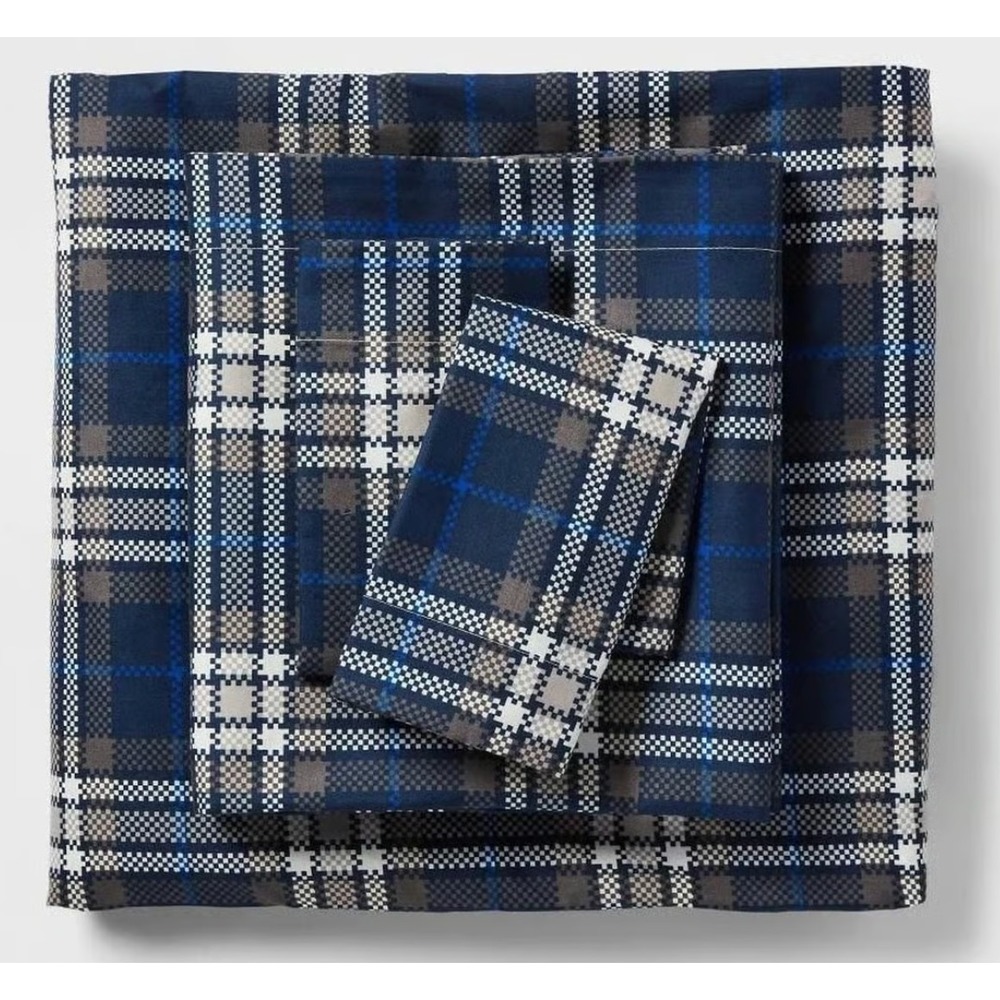 Room Essentials Sheet Set Twin XL Blue Plaid Microfiber Wrinkle Free NWT